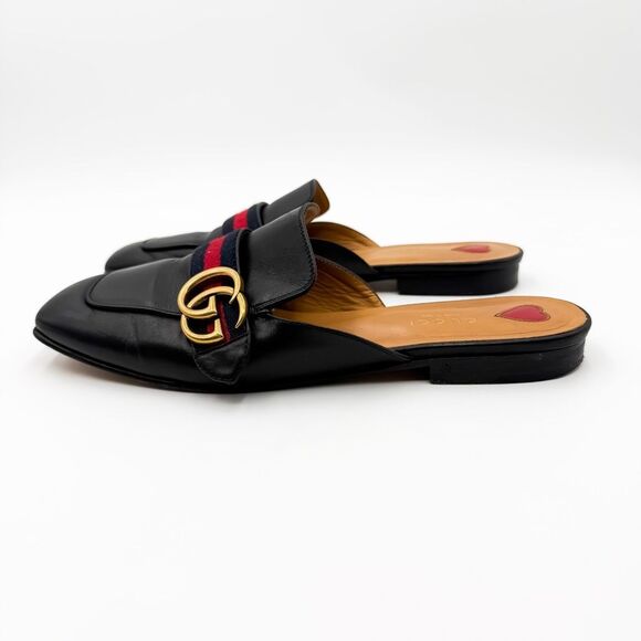 Gucci GG Web Stripe Peyton Mules Flat Slides Black Leather Loafers EU 38.5 US 8. - Picture 4 of 11